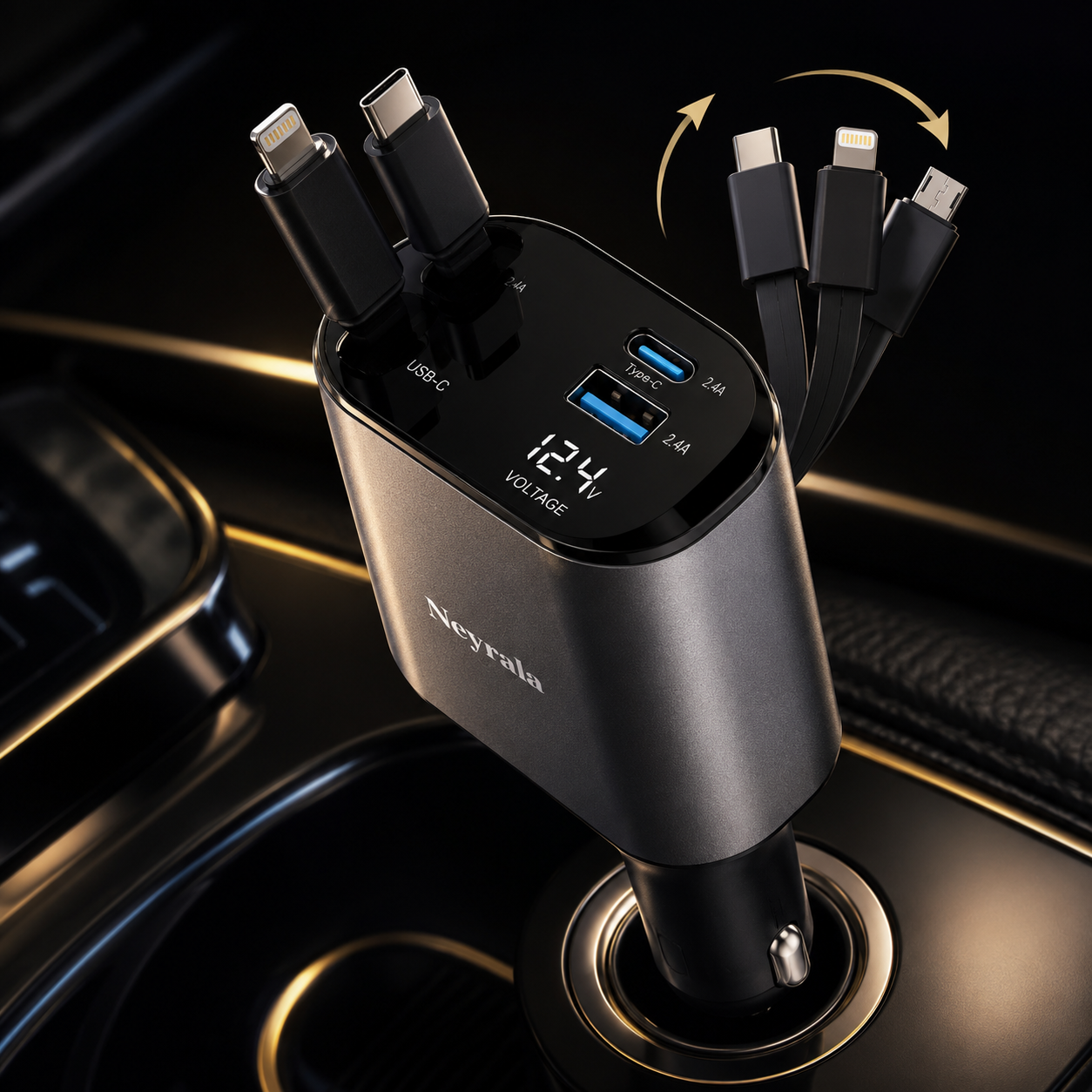ChargeDrive Pro™ – Chargeur Voiture Rapide 4-en-1 avec Câbles Rétractables